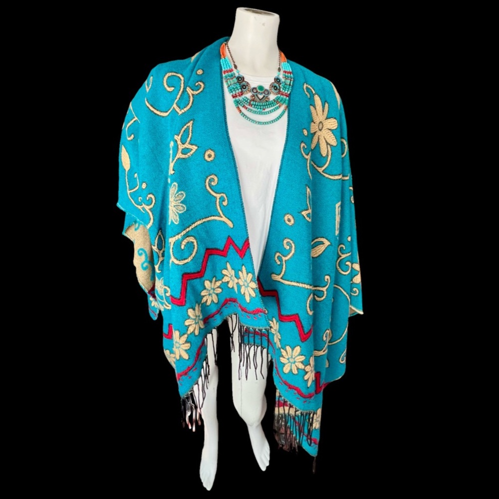 Vintage Southwestern Fringe Reversible Poncho Cardigan Cape Turquoise Red Tan